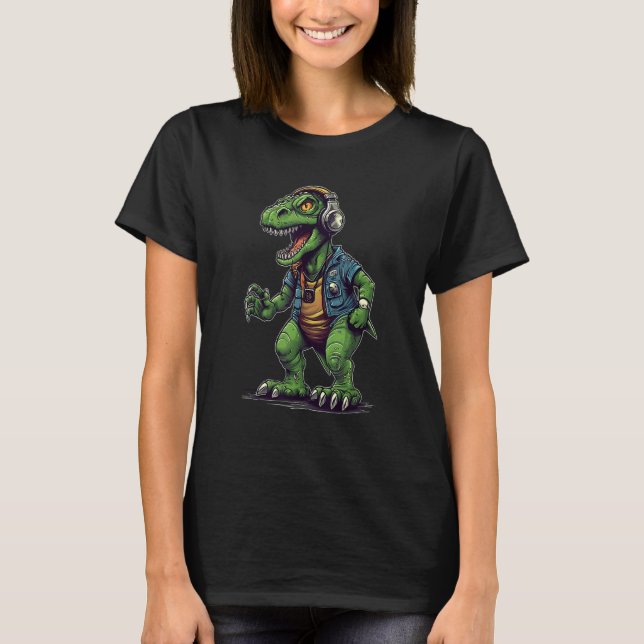 Camiseta Cool Rock and Roll Dinosaur Headphones Heavy Metal (Anverso)