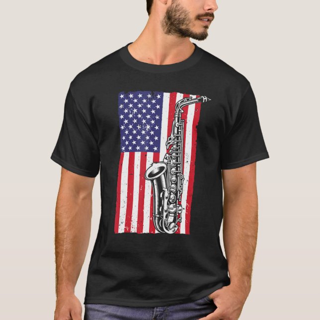Camiseta Cool Saxophone For Men Women American Flag Jazz Mu (Anverso)