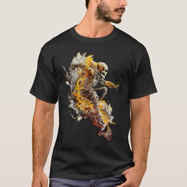 Camiseta Cool Skateboarding Skeleton with Flames Fun Skateb (Anverso)