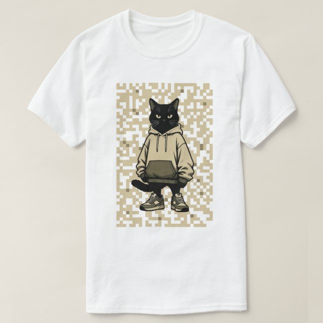 Camiseta Cool Streetwear Black Cat in Hoodie: Pixelated Urb (Diseño del anverso)