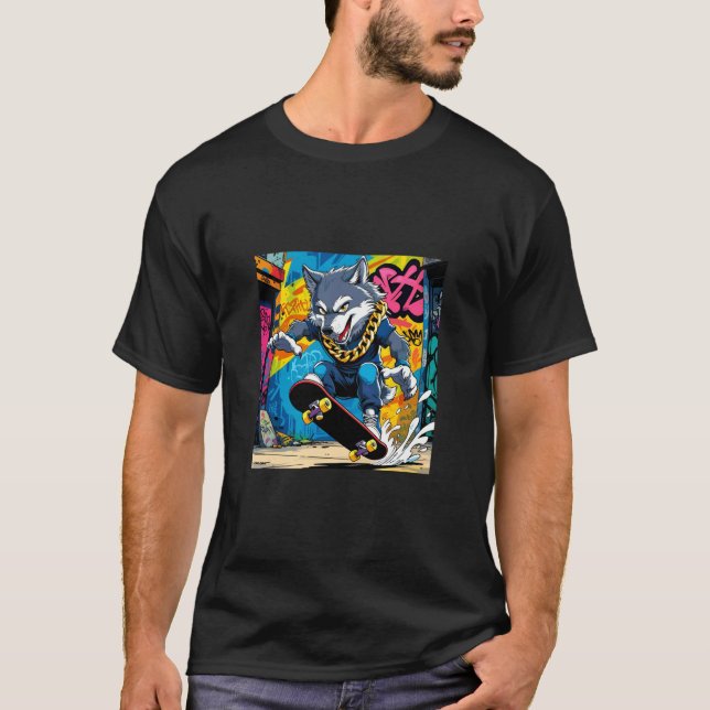 Camiseta Cool Wolf Design. Wolf ON A Skate Board, Chain Gra (Anverso)