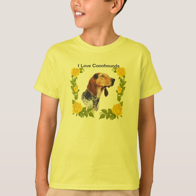 Camiseta Coonhound del inglés americano y rosas amarillos (Anverso)