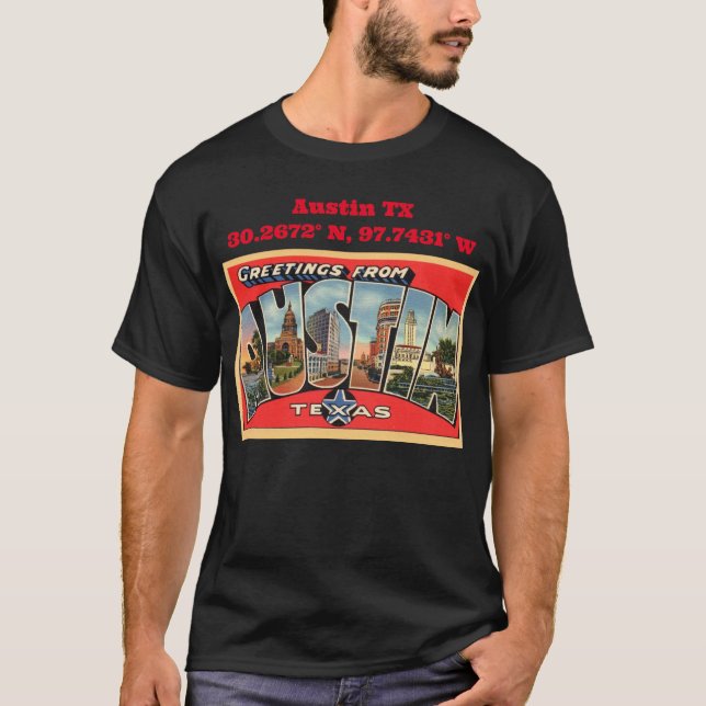 Camiseta Coordenadas del mapa de Austin TX con estilo de ép (Anverso)