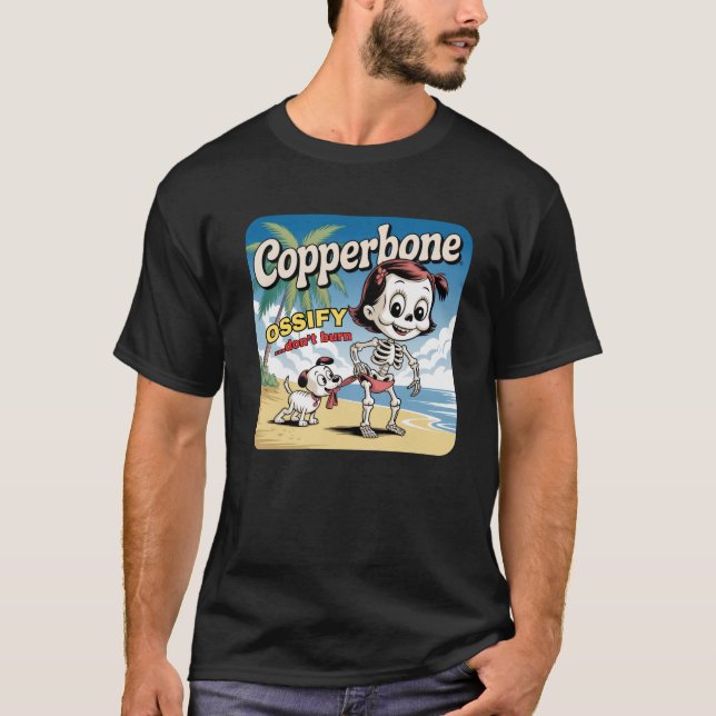 Camiseta "Copperbone"  Suntan Lotion Parody with Skeleton (Anverso)