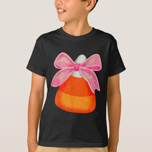 Camiseta Coquette Bow Candy Corn Women Girls Kids Halloween (Anverso)