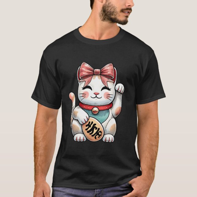 Camiseta Coquette Bow Maneki Neko japonés Cat Lucky Pink R (Anverso)