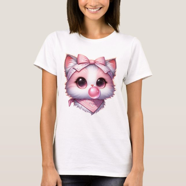 Camiseta Coquette Cat Pink Bow Ribbon Bandanna Bubble Goma (Anverso)