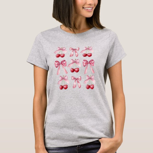 Camiseta Coquette Pink Bows and Cherries Watercolor Aesthet (Anverso)