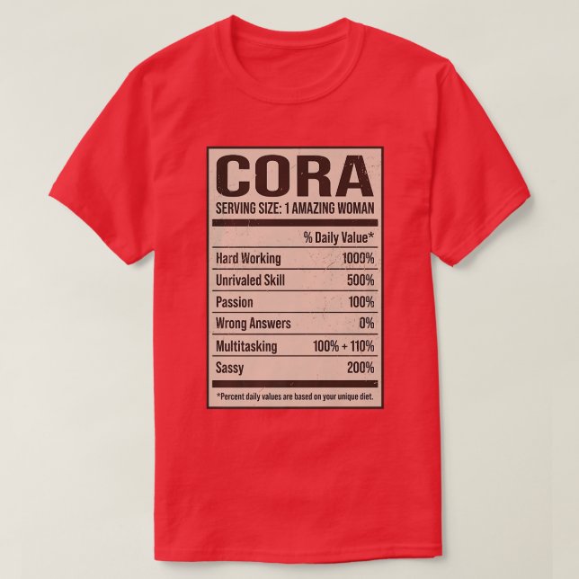 Camiseta Cora Nutrition Facts Name Nickname Alias Title Fri (Diseño del anverso)