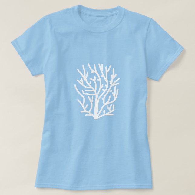 Camiseta Coral blanco sobre vida acuática azul (Diseño del anverso)