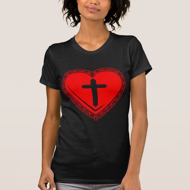 Camiseta Corazón & Cruz Gótico (Negro & Rojo) (Anverso)