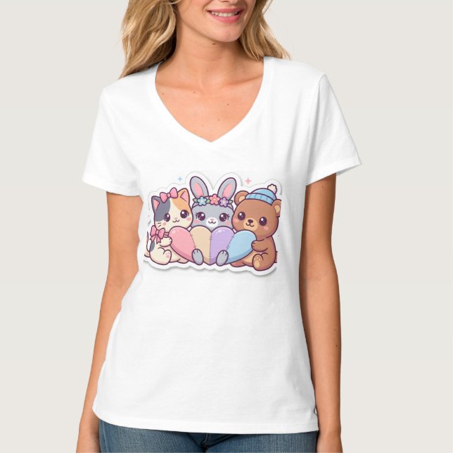 Camiseta Corazón de Amigos Animales Kawaii (Anverso)