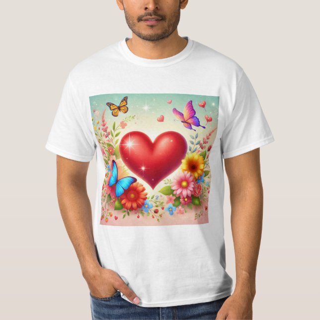 Camiseta Corazón de Amor: Flores y Mariposas (Anverso)