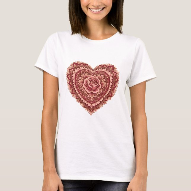 Camiseta Corazón de Amor Mandala de Rosa (Anverso)