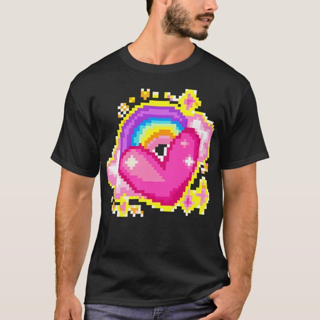 Camiseta Corazón de Arcoíris de Píxel de 8 Bits (Anverso)