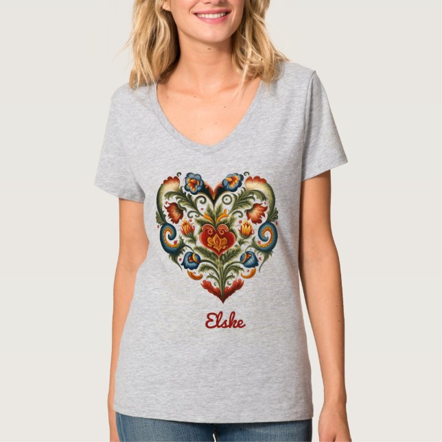 Camiseta Corazón de arte folclórico noruego Rosemaling (Anverso)