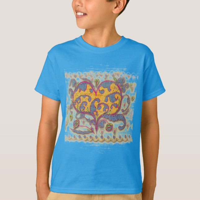 Camiseta Corazón de arte popular con hojas y flores (Anverso)