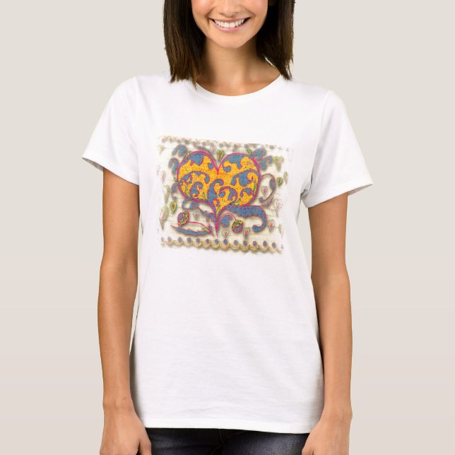Camiseta Corazón de arte popular con hojas y flores (Anverso)