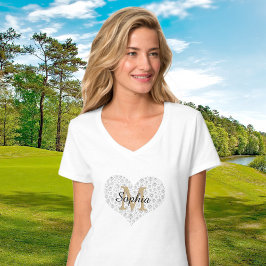 Camiseta Corazón de diamante grande, monograma dorado, nomb