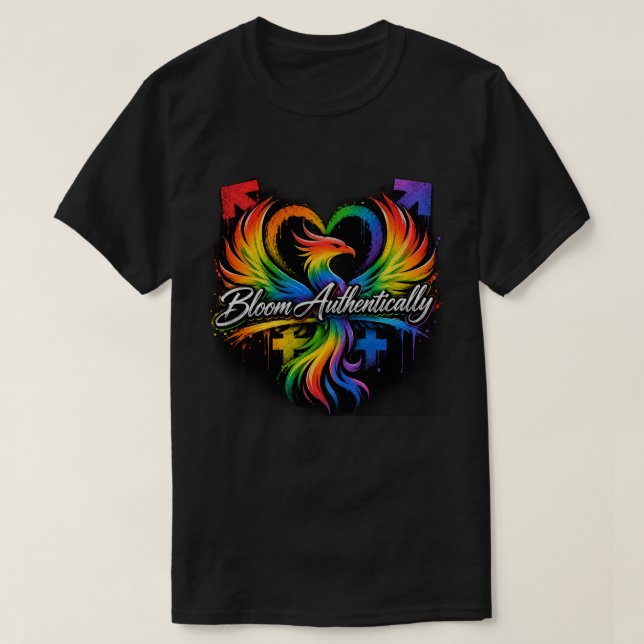 Camiseta Corazón de Fénix Arcoíris "Florece Auténticamente" (Diseño del anverso)