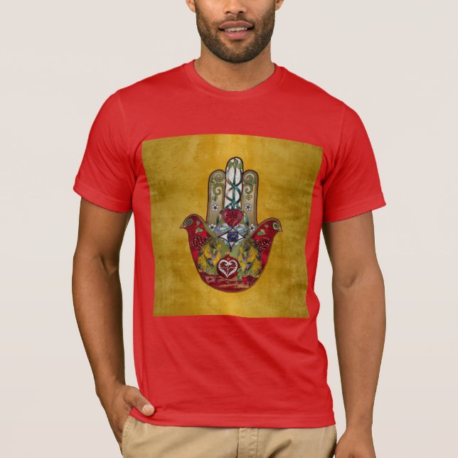 Camiseta Corazón de Granada Rojo de Pájaro Hamsa Rubí (Anverso)