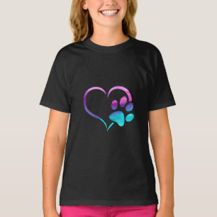 Camiseta Corazón de Huella de Perro Cyan Púrpura