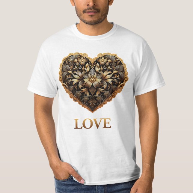Camiseta Corazón de oro filigre romántico con palabra de am (Anverso)