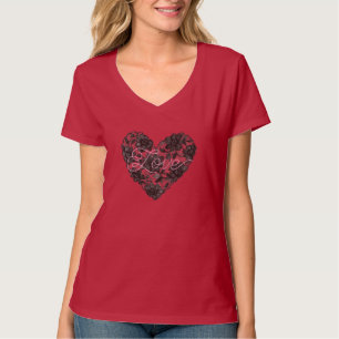 Camiseta Corazón Floral de Encaje Falso Negro