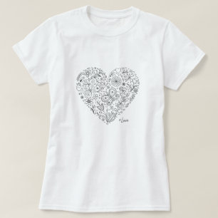 Camiseta Corazón Floral Garabato Arte Botánico Romántico de