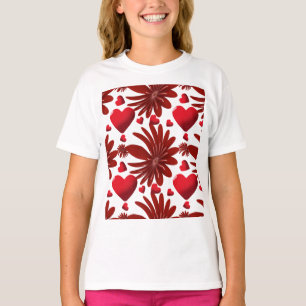 Camiseta Corazón Floral Rojo Patrón Estético Flor Romántica
