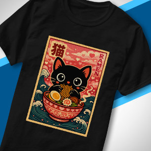 Camiseta Corazón japonés Kawaii Gato negro lindo comiendo R
