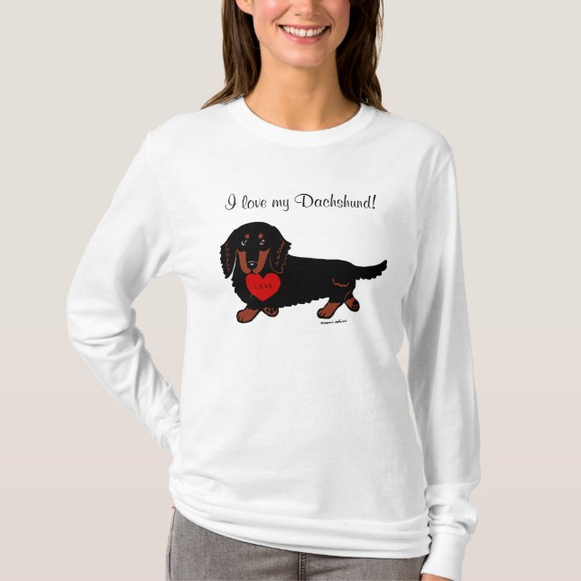 Camiseta Corazón negro del Dachshund y del moreno de pelo (Anverso)