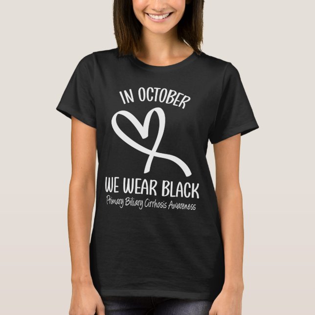 Camiseta Corazón Octubre Primaria Negra Cirrosis Biliaria A (Anverso)