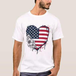 Camiseta Corazón Patriótico Diseño Floral de Grabado Vintag