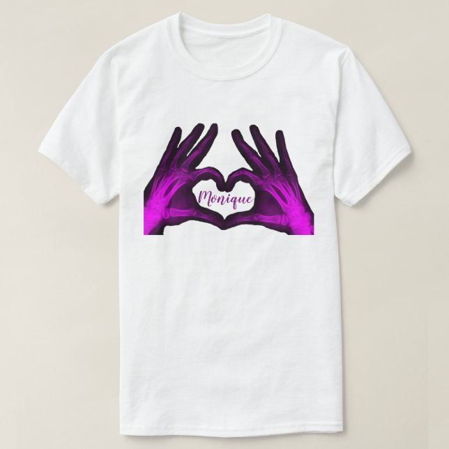 Camiseta Corazón púrpura de la radiografía de la mano (Diseño del anverso)