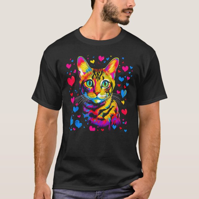 Camiseta Corazón rojo azul de gato bengalí (Anverso)