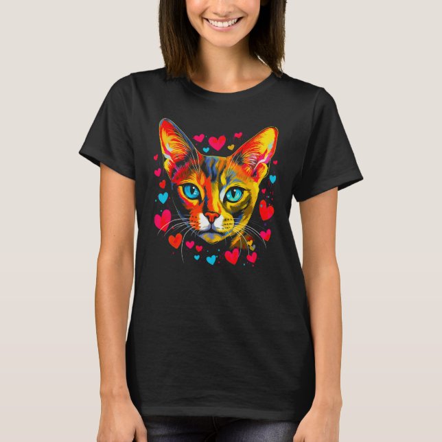 Camiseta Corazón Rojo Rosa Azul De Gato Abisino (Anverso)