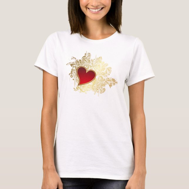 Camiseta Corazón Rojo sobre Filigree de Oro (Anverso)