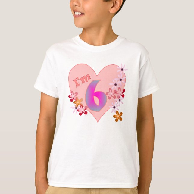 Camiseta Corazón rosado y flores del 6to cumpleaños del (Anverso)