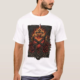 Camiseta Corazón Sagrado en Llamas con Rosas Vintage Des Gó