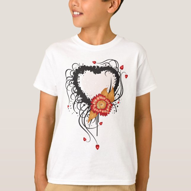 Camiseta Corazón y flor de estilo grunge negro (Anverso)