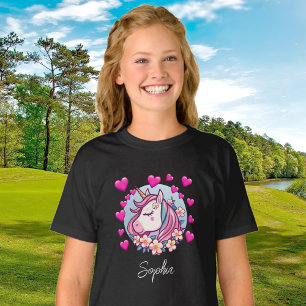 Camiseta Corazón y flores rosas, unicornio corto, nombre pe