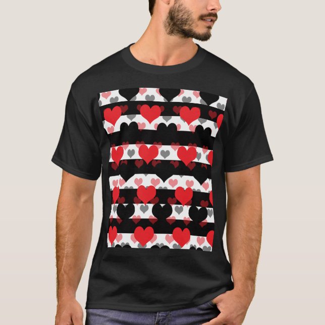 Camiseta Corazones de amor negros rojos con franjas blancas (Anverso)