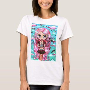 Camiseta Corazones de pelo rosado y besos grandes ojos de h