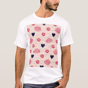 Camiseta Corazones rojos, labios, patrones de margaritas.