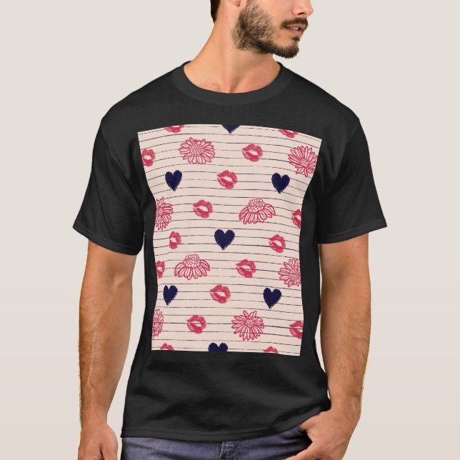 Camiseta Corazones rojos, labios, patrones de margaritas. (Anverso)