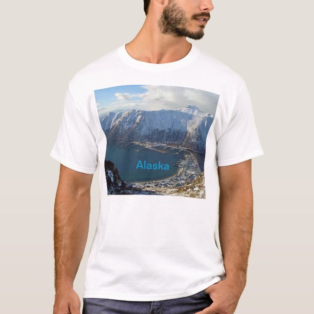 Camiseta Cordillera de Alaskan y ciudad por debajo (Anverso)