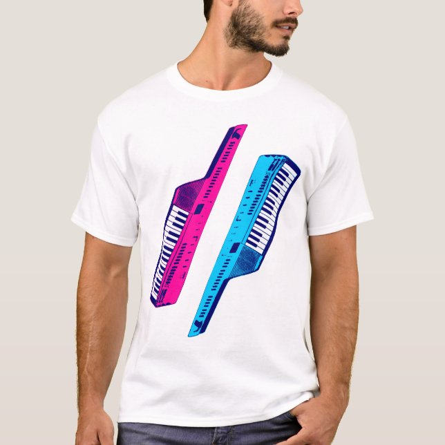 Camiseta Corey Tiger 80s Keytar de época rosa y azul (Anverso)
