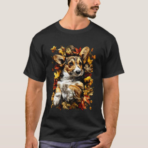 Camiseta Corgi Adorable con Hojas de Otoño Ambiente de Temp
