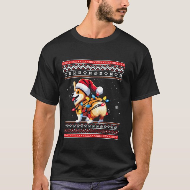 Camiseta Corgi Butt curioso Santa Hat Snowflakes Luces (Anverso)